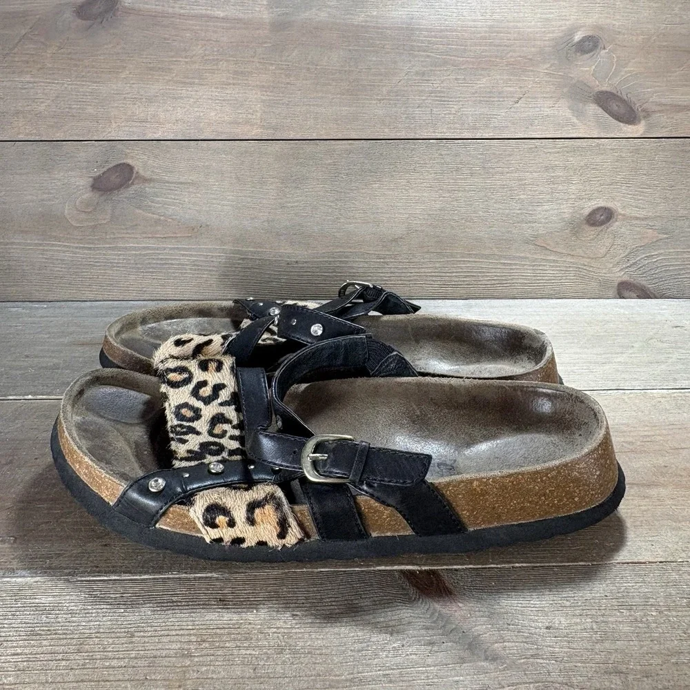 birkenstock betula womens size 7 shoes black leopard print rhinestone sandals